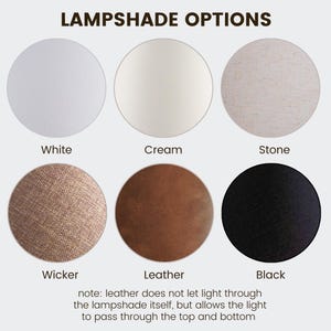 May include: Image showing six circular lampshade options: white, cream, stone, wicker, leather, and black. Text at the top reads "LAMPSHADE OPTIONS." A note explains that leather lampshades don't let light through but allow it to pass through the top and bottom.