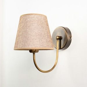 Mid-Century Wall Sconce, Curved Arm Brass Wall Lamp, Vintage Fabric Lampshade Wall Lighting, Farmhouse Wall Lamp, Minimalist Bedside Lamp