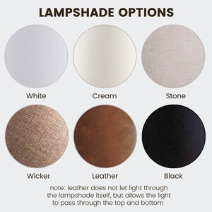 May include: Six different lampshade fabric options: white, cream, stone, wicker, leather, and black.  Note: Leather does not let light through the lampshade itself, but allows the light to pass through the top and bottom.