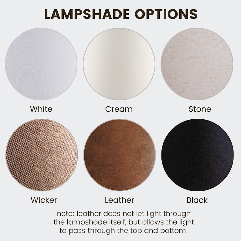May include: Six different lampshade fabric options: white, cream, stone, wicker, leather, and black.  Note: Leather does not let light through the lampshade itself, but allows the light to pass through the top and bottom.