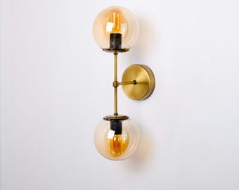 Double Glass Globe Sconce, Retro Glass Wall Lamp, Vintage Brass Wall Lighting Fixture, Bedroom Wall Lighting, Modern Vanity Wall Sconce