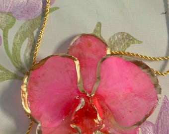 Real Pink Orchid Resin Necklace: Gold-Plated Botanical Pendant