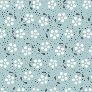 May include: A repeating pattern of white flowers with gray leaves and small gray dots on a light blue background. The floral design is evenly spaced, creating a seamless and delicate pattern.