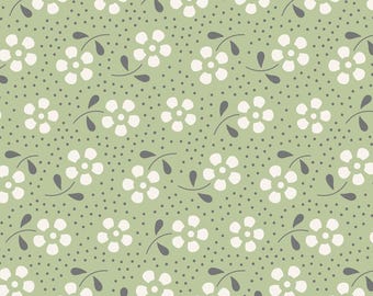 May include: A repeating pattern of white flowers with gray leaves and stems on a light green background dotted with small gray circles. The floral design is simple and symmetrical, creating a vintage or cottagecore aesthetic.