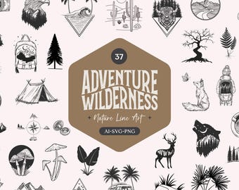 37 Adventure Wilderness Nature Line Art Bundle | Hand Drawn Outdoor SVG PNG Ai Designs for DIY Crafts, Stickers, Sublimation Art