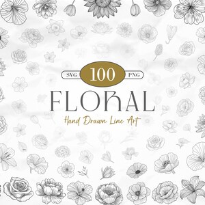 100 Hand-Drawn Floral Line Art Bundle | Flower Illustrations SVG & PNG | Perfect for Invitations, Wall Art, Sublimation, DIY Craft Projects