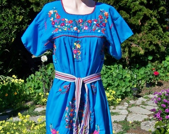 Mexican Dress Embroidered Turquoise Frida Blue Cinco de Mayo S | Etsy