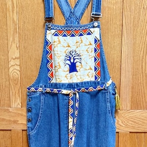 Crop Overall denim patched African Tree art wear upcycled African fabric M