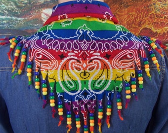 Bandana Scarf Rainbow Hippie Beaded Fringe Neckerchief handmade Paisley bright