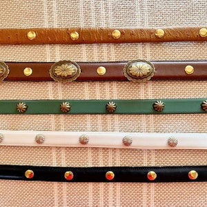 SKINNY Belt concho, rivets, Gold, Blue, Teal, Tan, Brown, White, Genuine Leather, CHOOSE YOURS