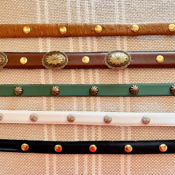 SKINNY Belt concho, rivets, Gold, Blue, Teal, Tan, Brown, White, Genuine Leather, CHOOSE YOURS