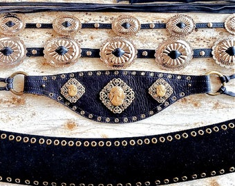 Vintage Black Leather Belt, ITALY, wide Cinch & Handmade Concho Belts CHOOSE Yours