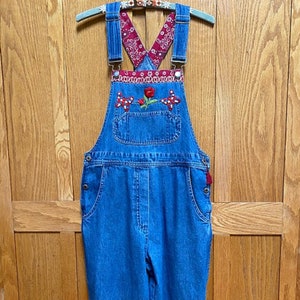 Crop Overall Denim Patched Red Bandana Floral Cottagecore - Etsy