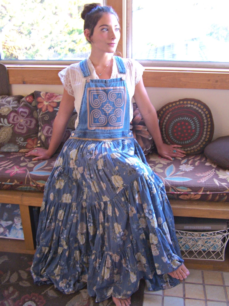 Overall Jumper Dress Blue floral patched mandala bibs upcycled clothing M