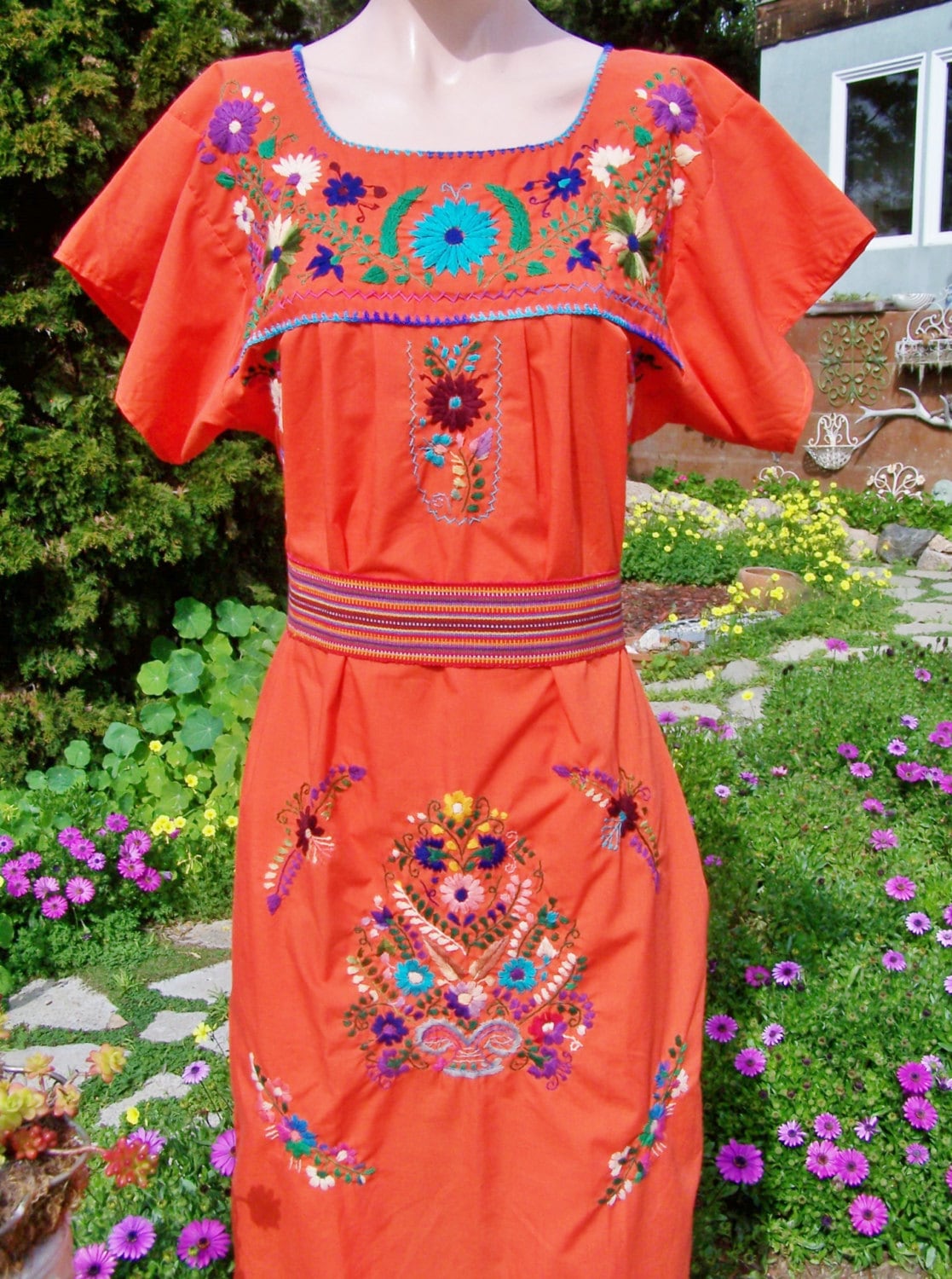 Mexican Dress Orange Mexican dress Embroidered Dress Etsy