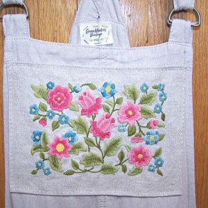 Linen Overall bibs shorts cottagecore embroidered beige ooak sustainable art wear upcycled clothing women L