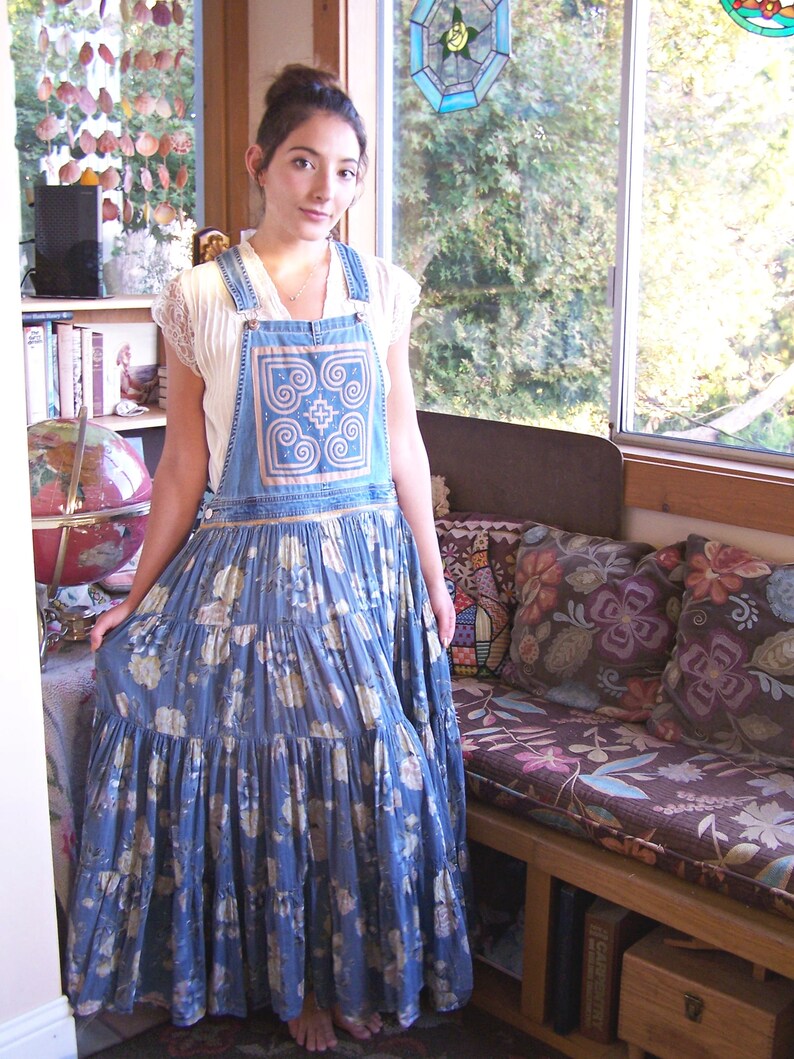 Overall Jumper Dress Blue floral patched mandala bibs upcycled clothing M