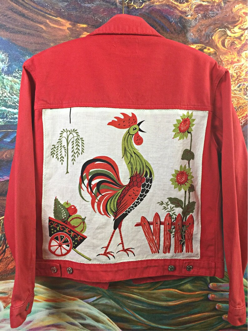 Denim Jacket Vintage Rooster ooak art wear upcycled clothing Farmhouse Steader women L