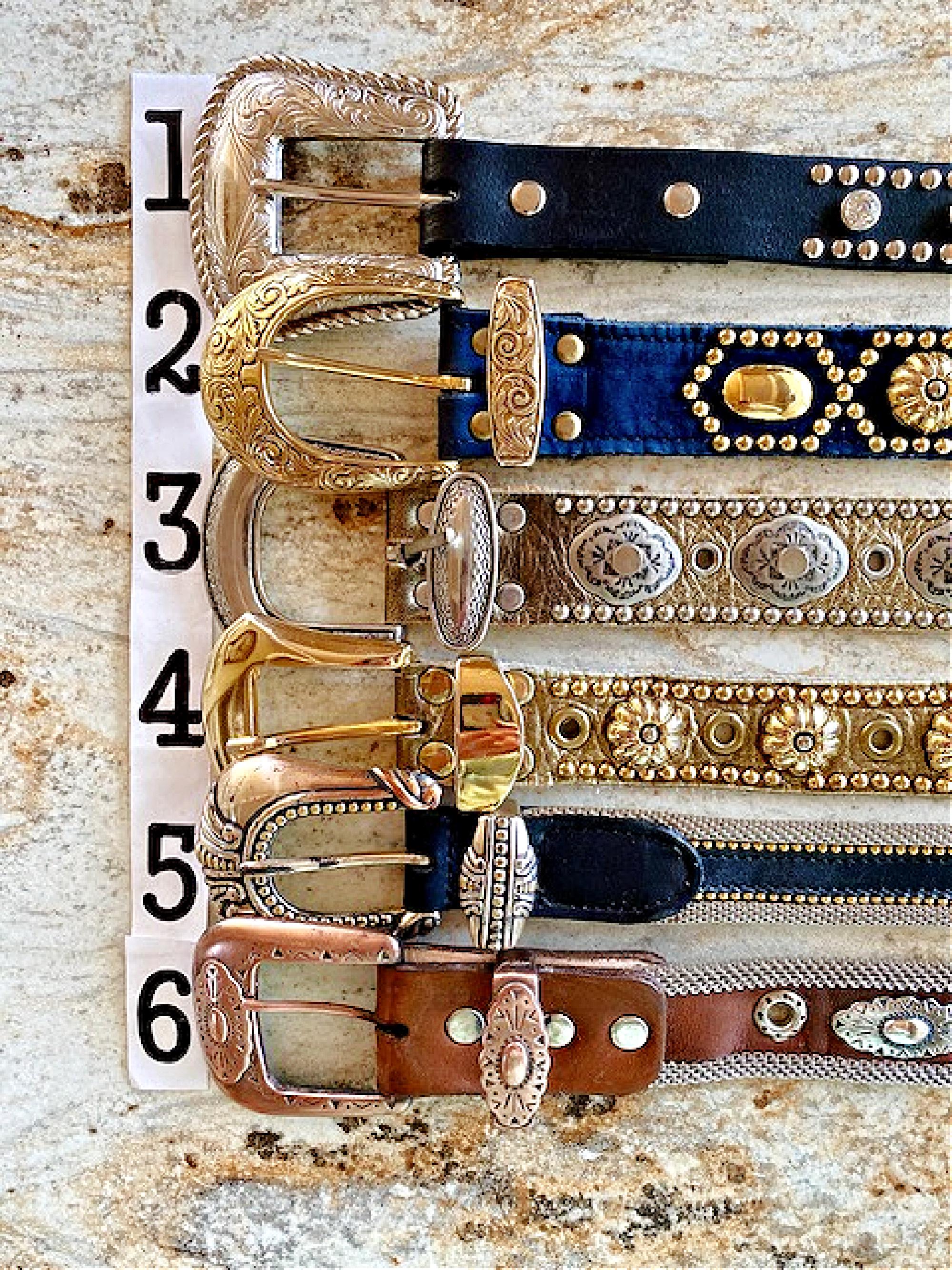 Sand Castle USA Metallic Gold Leather Studded Western Belt 30” Concho Y2K Boho State of Texas Gold Star Conchos Crazy Horse Scalloped  main image 4