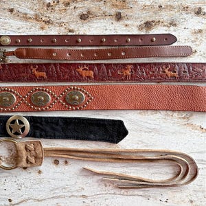Peut inclure: Cinq ceintures en cuir diff&eacute;rentes avec des motifs et des embellissements vari&eacute;s. Les ceintures sont dispos&eacute;es verticalement sur une surface en bois brun clair. La ceinture du haut est brune avec des clous argent&eacute;s, la deuxi&egrave;me ceinture est brune avec un motif de cerf, la troisi&egrave;me ceinture est orange avec des clous argent&eacute;s et des accents m&eacute;talliques ronds, la quatri&egrave;me ceinture est noire avec un accent m&eacute;tallique en forme d'&eacute;toile, et la cinqui&egrave;me ceinture est brune avec une frange.