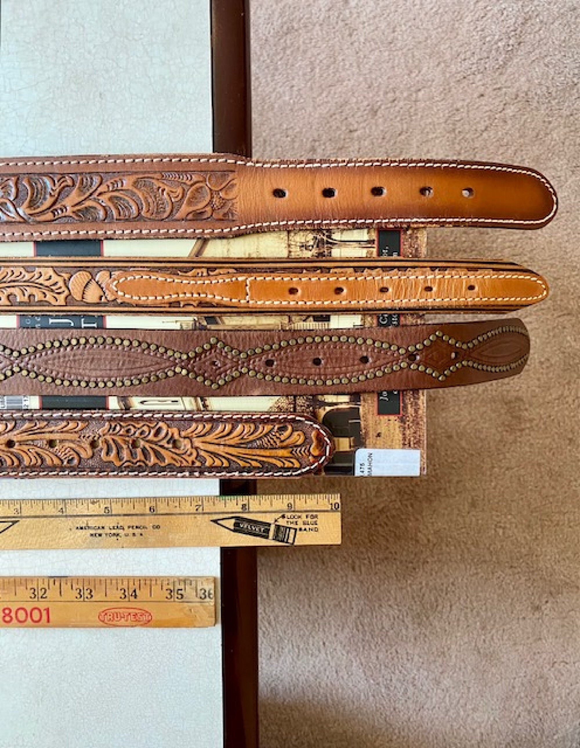 Vintage Tooled Leather Belt Acorn Leaf Top Stitch Western  display picture 2