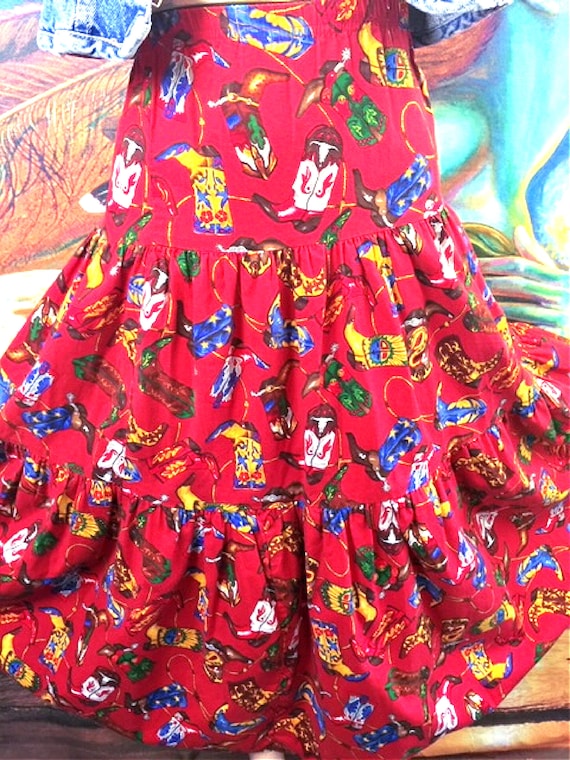 Western tiered skirt Red cotton cowboy boots cowgi