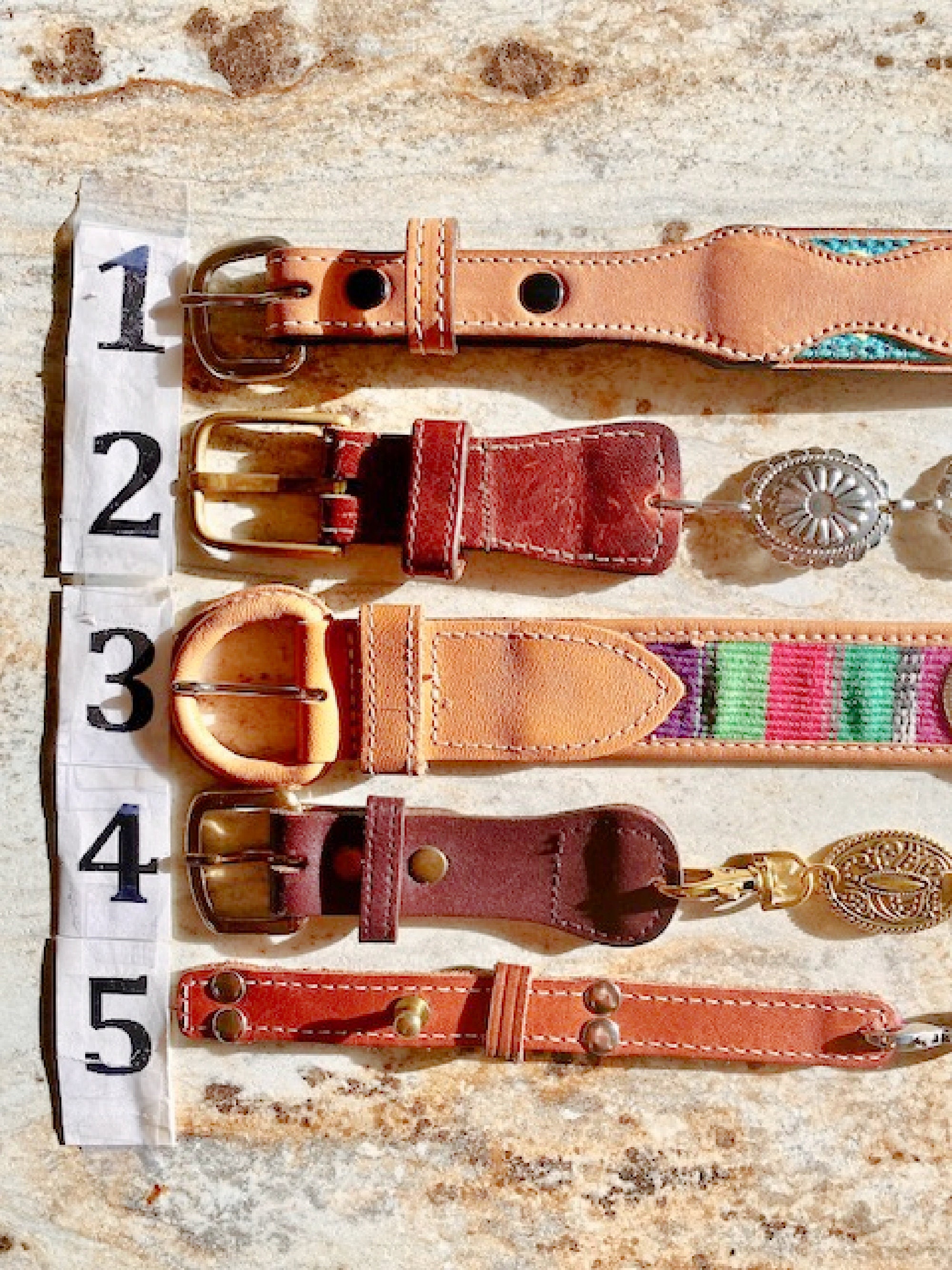 Vintage Leather Concho Belt Brown Tan Brass Silver Gold  display picture 2