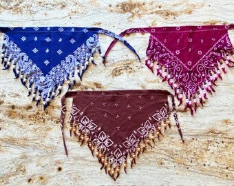 Western Scarf Cowgirl Bandana Violet or Brown Beaded Fringe Kerchief Neckerchief CHOOSE YOURS