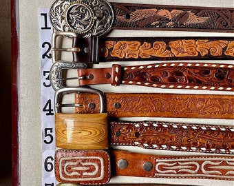 Vintage Hand Tooled Leather Belt Acorn Eagle, Tony Lama Wrangler Southwestern USA M L 32 34 36