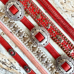 Vintage Concho Belt Western Leather Red Pink white Sunflower Sandcastle Fossil SCROLL DOWN 4 Info