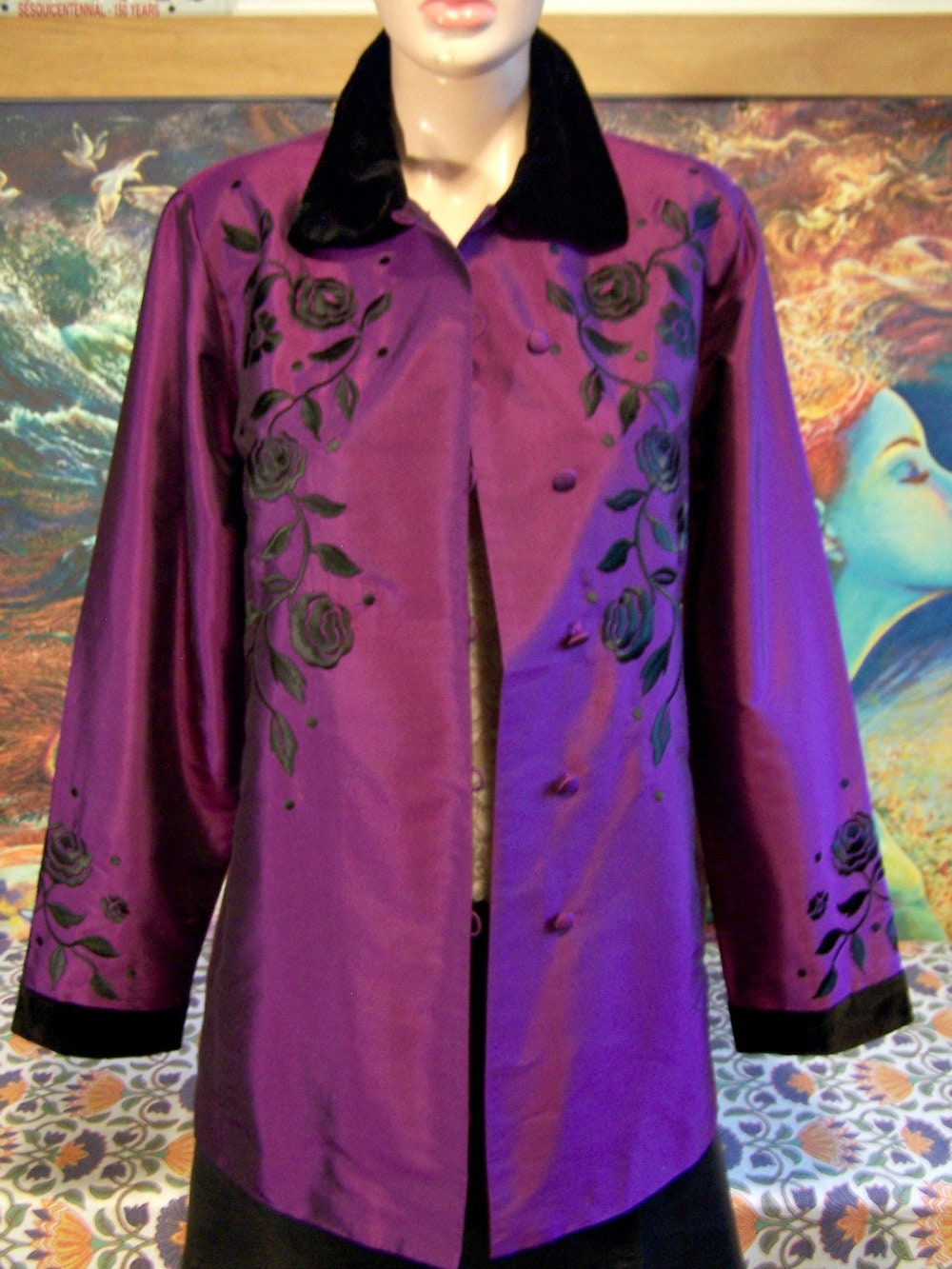 SILK Jacket Embroidered Violet Velvet Coat Holiday wear M | Etsy