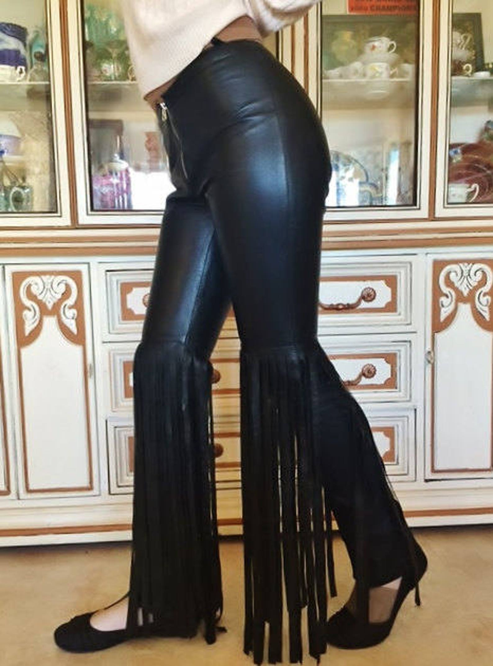 Fringe Leather Pants Black genuine leather fringed upcycled Etsy