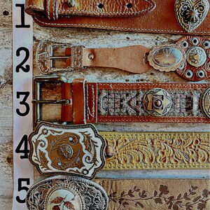 May include: An assortment of five leather belts with decorative buckles. The belts vary in color from light tan to brown, with intricate designs on the buckles, including floral patterns, stars, and heart shapes. The belts are arranged vertically.
