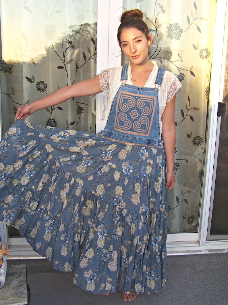 Overall Jumper Dress Blue floral patched mandala bibs upcycled clothing M