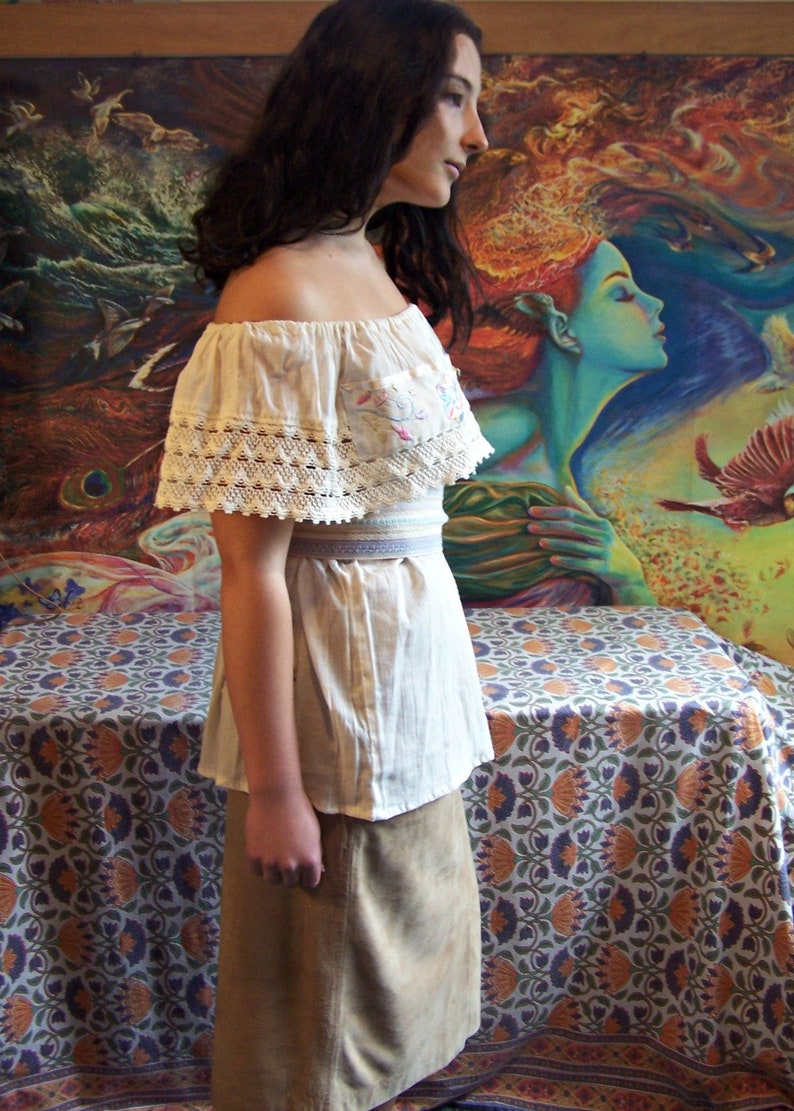 Mexican Blouse Embroidered Off Shoulder Ivory Lace Beige cinco de mayo OSFM