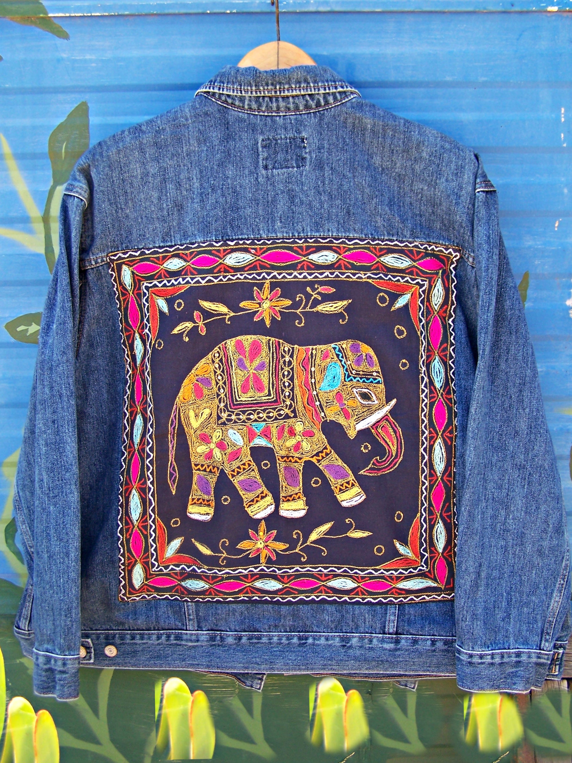PLUS Size Denim Jacket Elephant embroidered exotic ooak art | Etsy