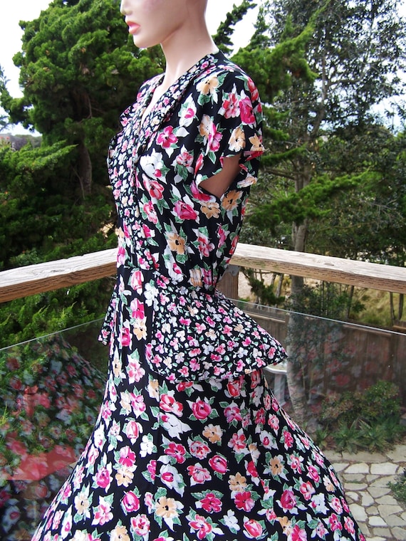 Black Floral Dress 80s Rayon Peplum maxi Garden Pa
