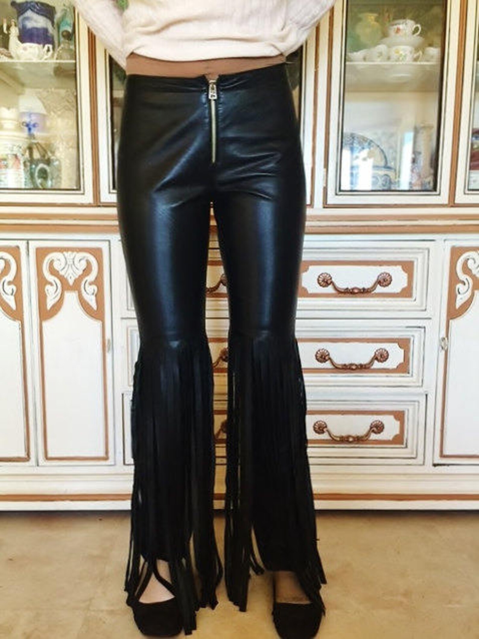 Fringe Leather Pants Black genuine leather fringed upcycled Etsy