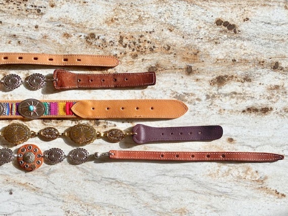 Vintage Leather Concho Belt Brown Tan Brass Silver Gold  display picture 3