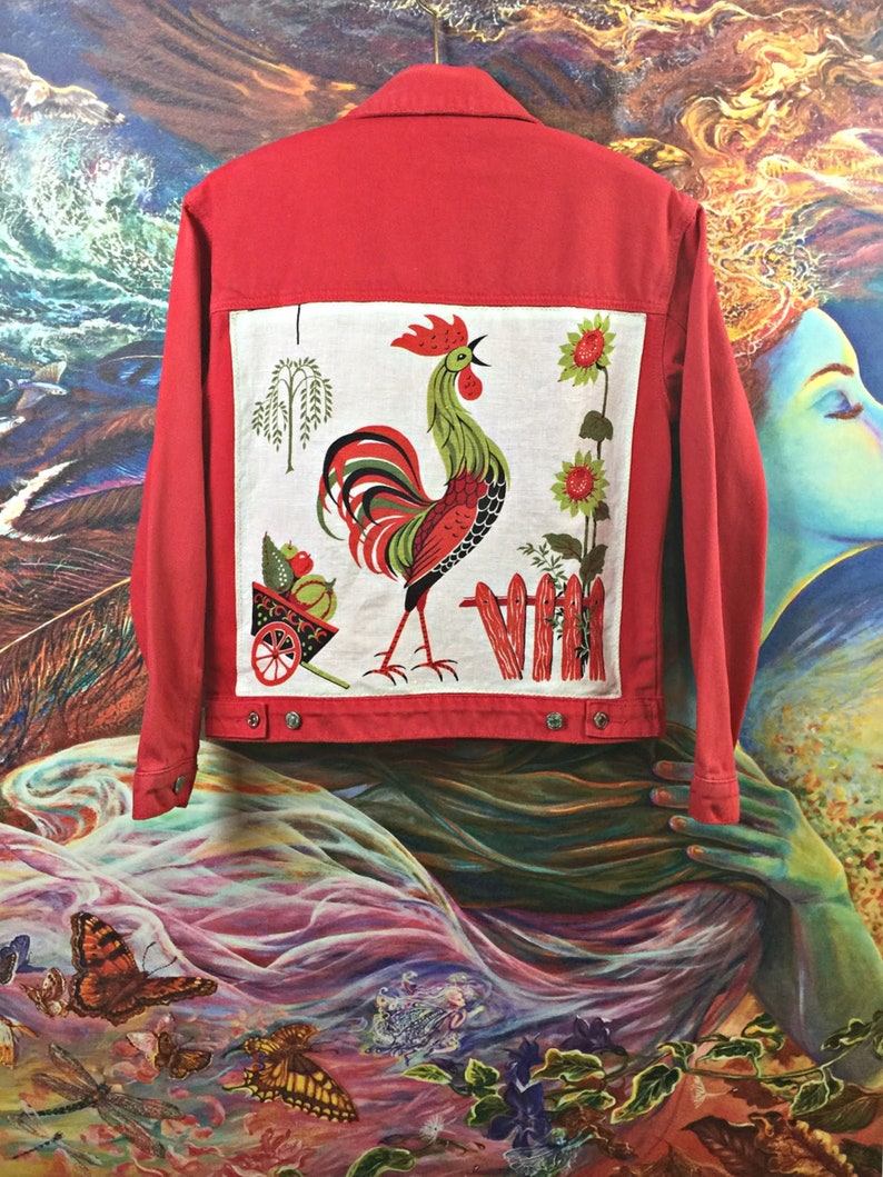 Denim Jacket Vintage Rooster ooak art wear upcycled clothing Farmhouse Steader women L