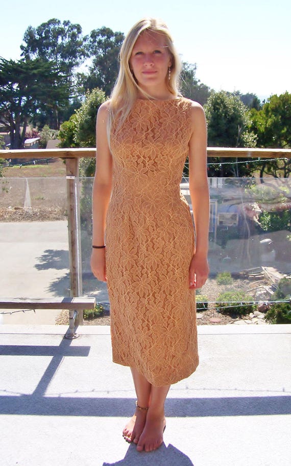 60s Lace Dress Boatneck Sleeveless Champagne Rust