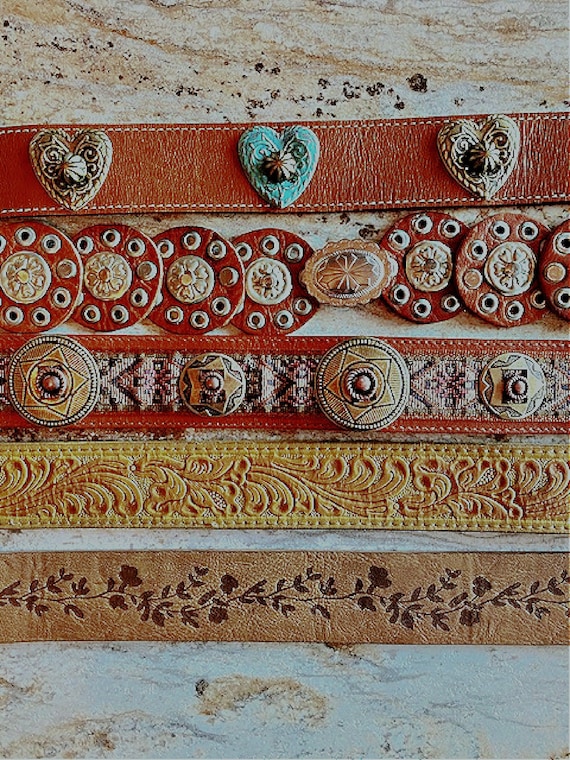 Vintage Hand Tooled Leather Concho Belt: Floral, Hearts, Stars