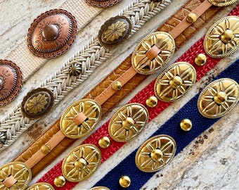 Leather Concho Belt Red, Gold, Blue, Southwestern Western Cowgirl Vintage Upcycle