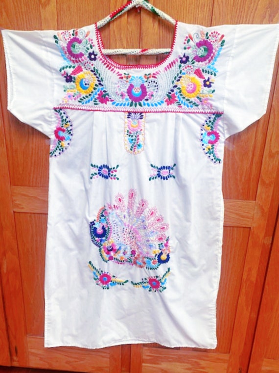 Plus Size Mexican Dress White Hand Embroidered Floral… - Gem