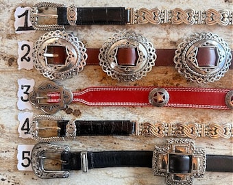 Vintage Brighton Western Concho Belt: Black Leather, Silver Accents, Scroll Buckle