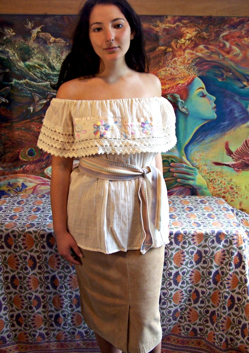Mexican Blouse Embroidered Off Shoulder Ivory Lace Beige cinco de mayo OSFM