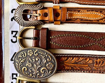 Vintage Tooled Leather Belt Acorn Leaf Top Stitch Western  display picture 2