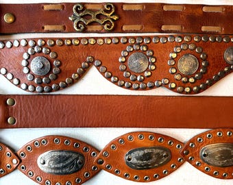 Vintage Leather Belt Brown Brass Silver Concho French  Fossil Morocco LeatherRock suede SCROLL DOWN 4 INFO