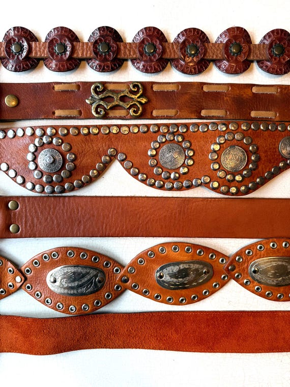 Vintage Leather Belt: Brown, Brass, Silver Concho - Choose Your Style