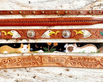 Belt CHOOSE ONE Genuine Leather, Western, Eagle, Cat, hand stamped, woven, rivets